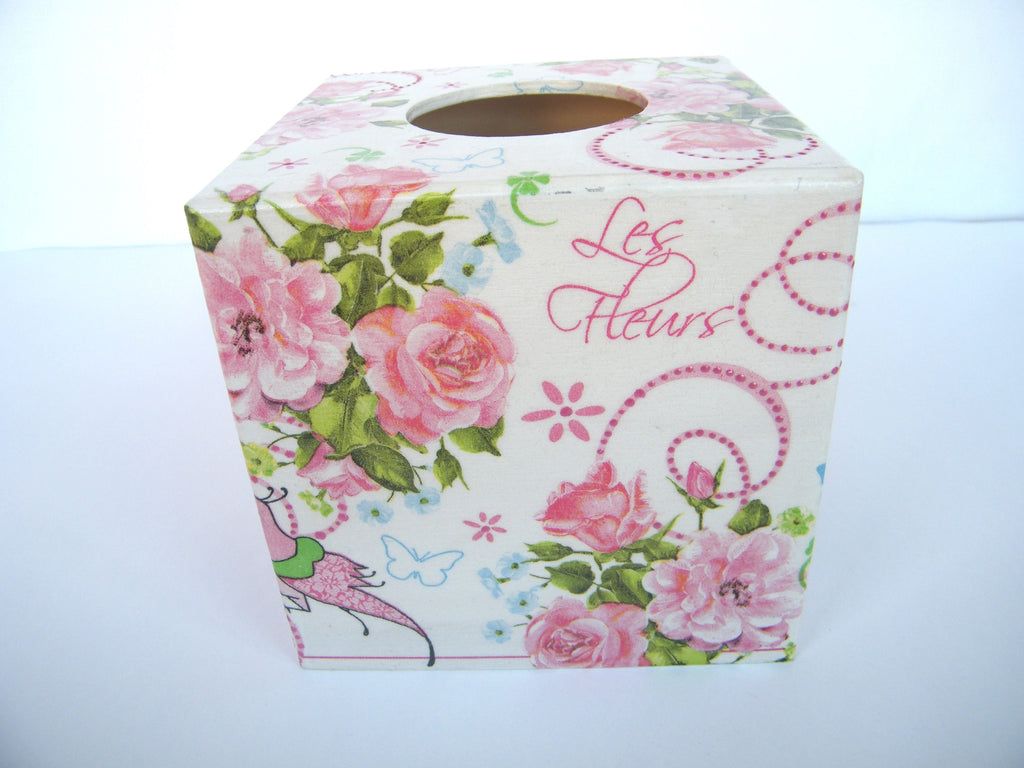 Square tissue cover box, Floral tissue holder, Roses napkins box, Tissue dispenser, Kithchen napkins holder, Shabby Shic Housewarming gift