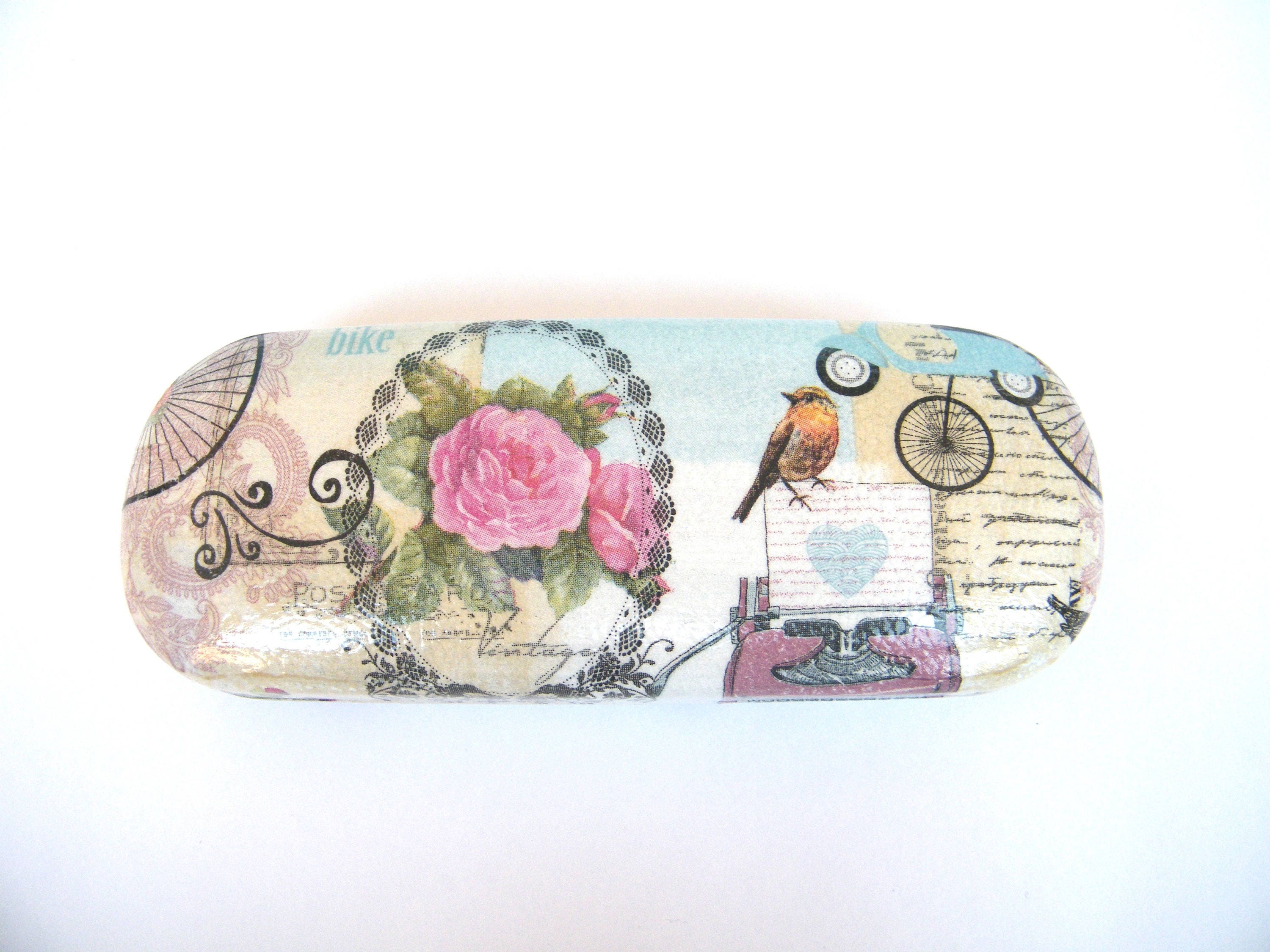 Vintage Hard Glasses Case: Bird Robin & Rose Shabby Chic Eyeglasses Protector