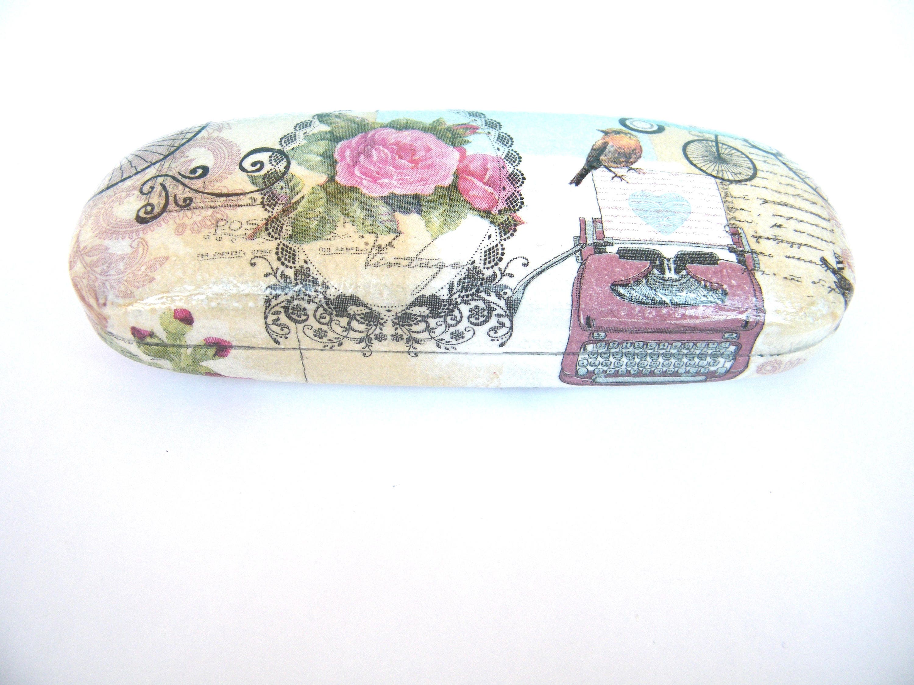 Vintage Hard Glasses Case: Bird Robin & Rose Shabby Chic Eyeglasses Protector