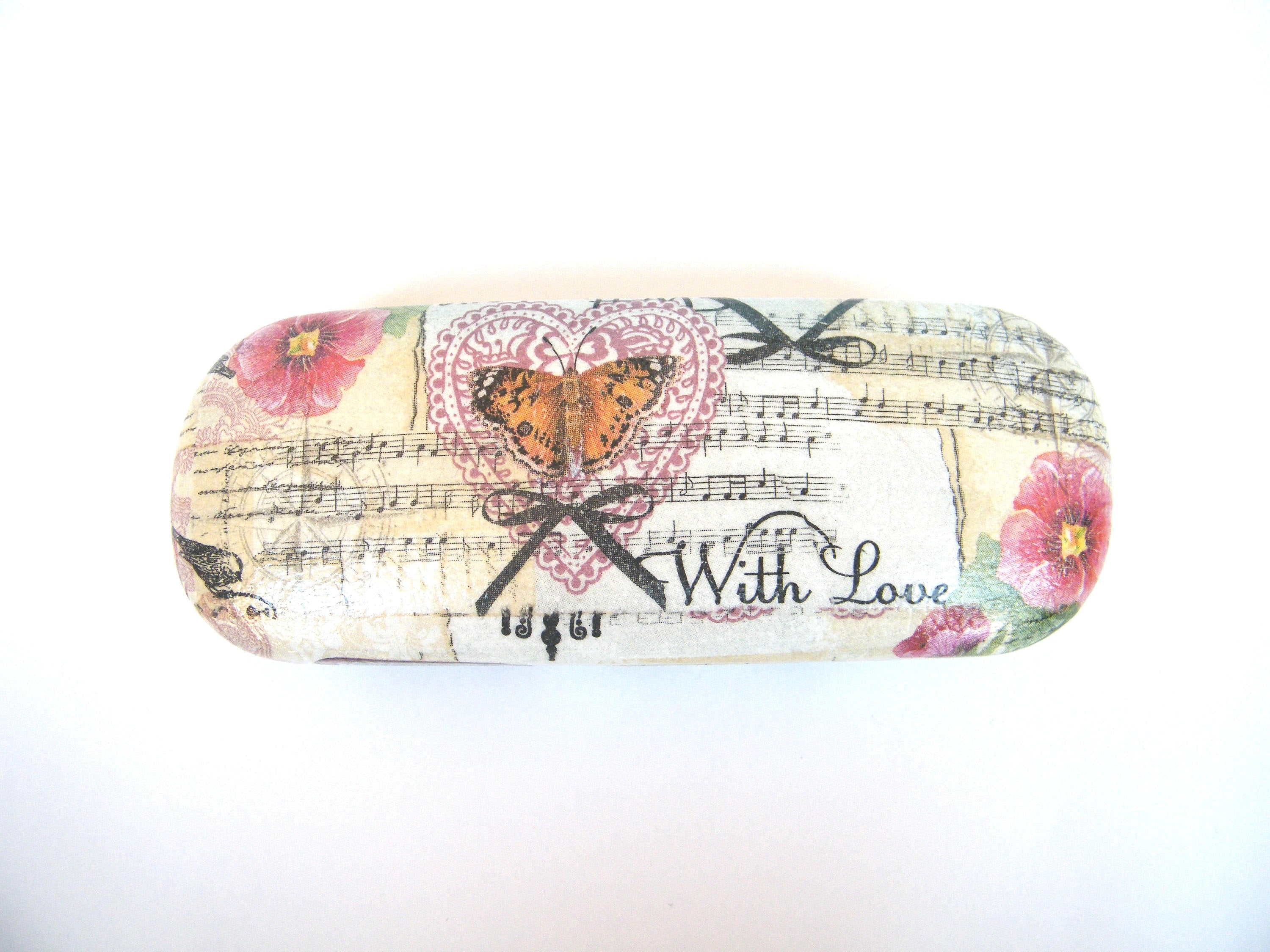 Vintage Hard Glasses Case: Bird Robin & Rose Shabby Chic Eyeglasses Protector