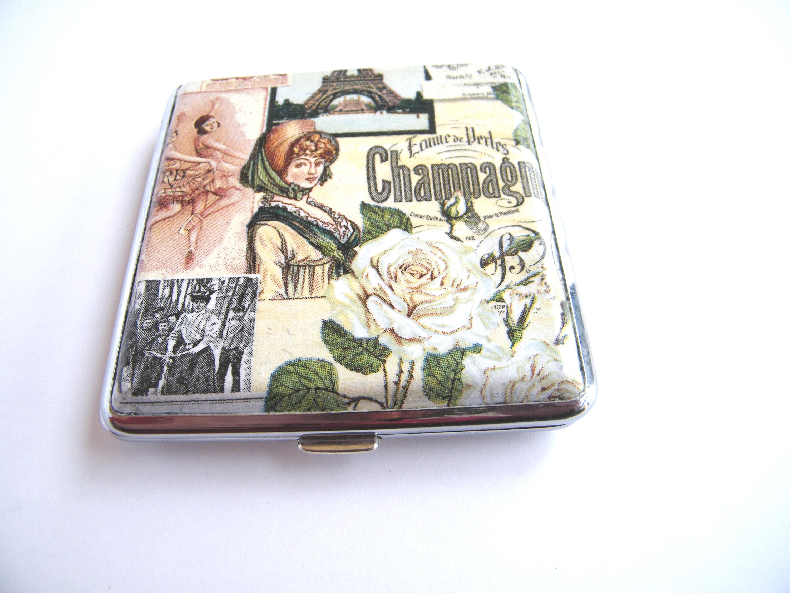 Cigarette case for her, vintage Paris cigarrette box, woman wallet, large credit card case, shabby chic box, gift for smokers, bag accessory