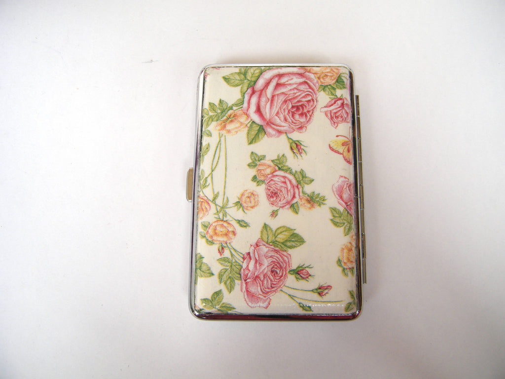 Slim cigarette case with roses, business card holder, cigarrette holder, credit card box, gift for smokers, gift for her, floral gift