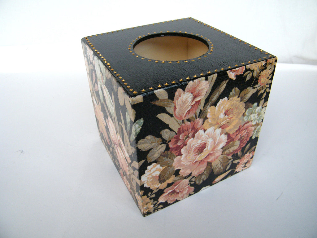 Elegant Tissue Cover Box, Wooden Napkins Box, Floral Storage Box, New Home Gift, Housewarming Gift, Black and Gold Decor, Dispenser