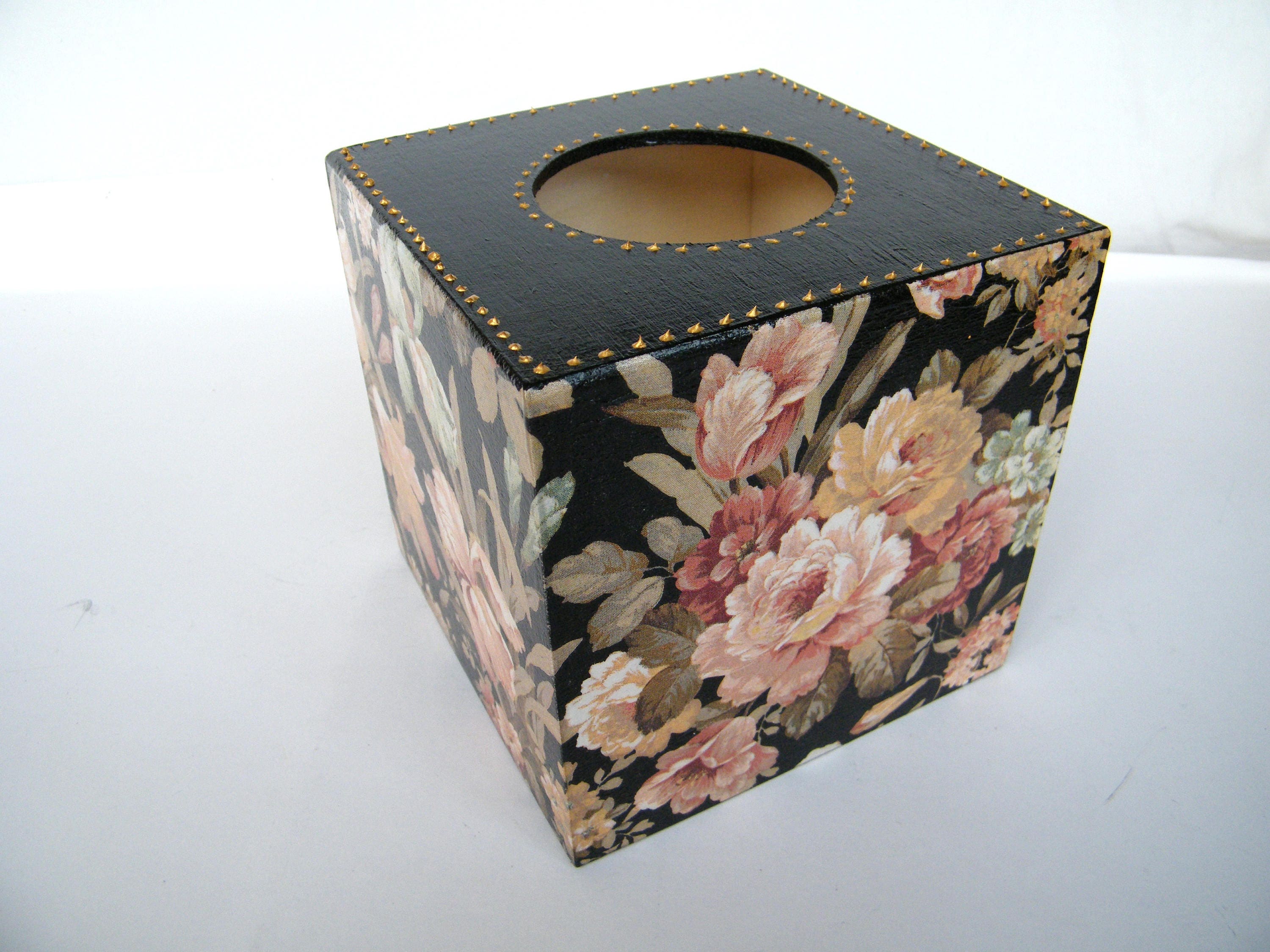 Elegant Tissue Cover Box, Wooden Napkins Box, Floral Storage Box, New Home Gift, Housewarming Gift, Black and Gold Decor, Dispenser