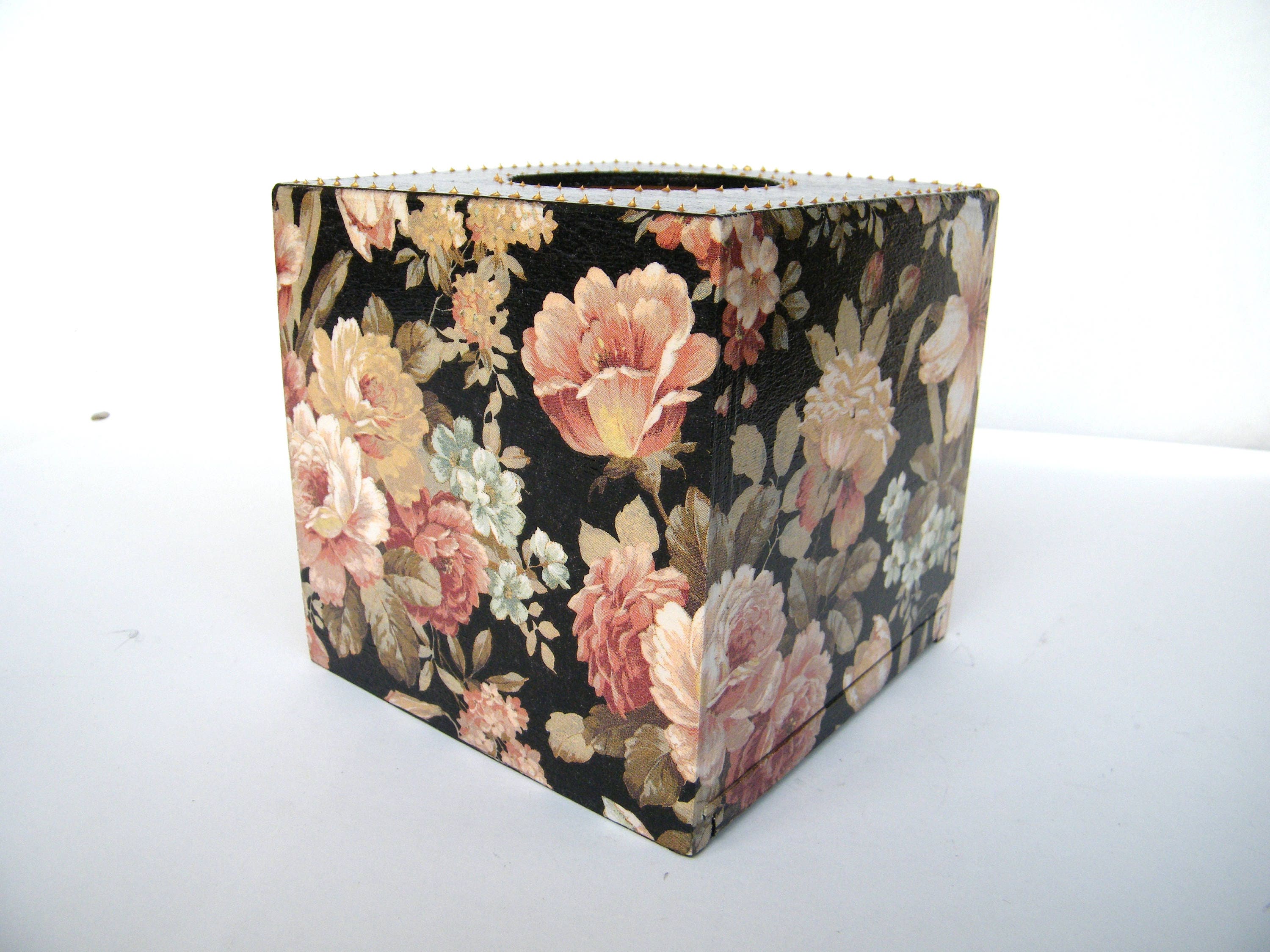 Elegant Tissue Cover Box, Wooden Napkins Box, Floral Storage Box, New Home Gift, Housewarming Gift, Black and Gold Decor, Dispenser