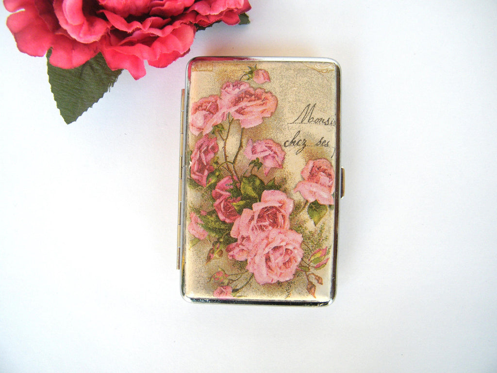 Vintage Roses Slim 100s Cigarrette Case, Business Card Holder, Cigarette Holder, Credit Card Box, Women Purse, Floral Gift for Her,