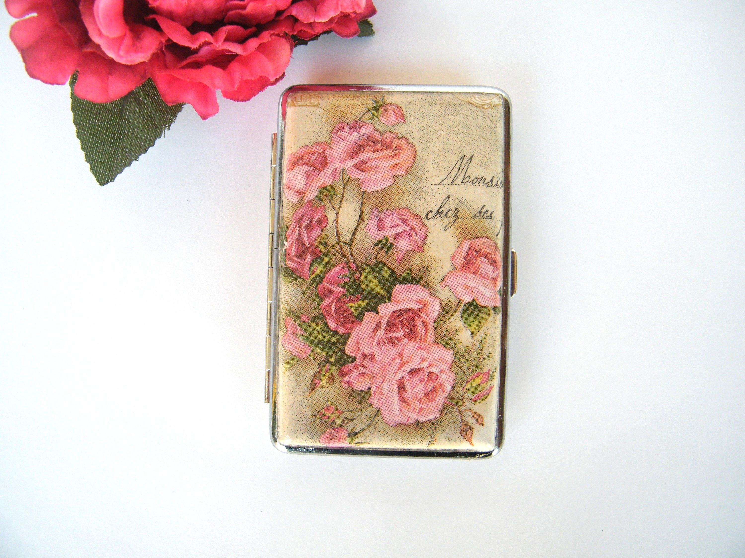 Vintage Roses Slim 100s Cigarrette Case, Business Card Holder, Cigarette Holder, Credit Card Box, Women Purse, Floral Gift for Her,