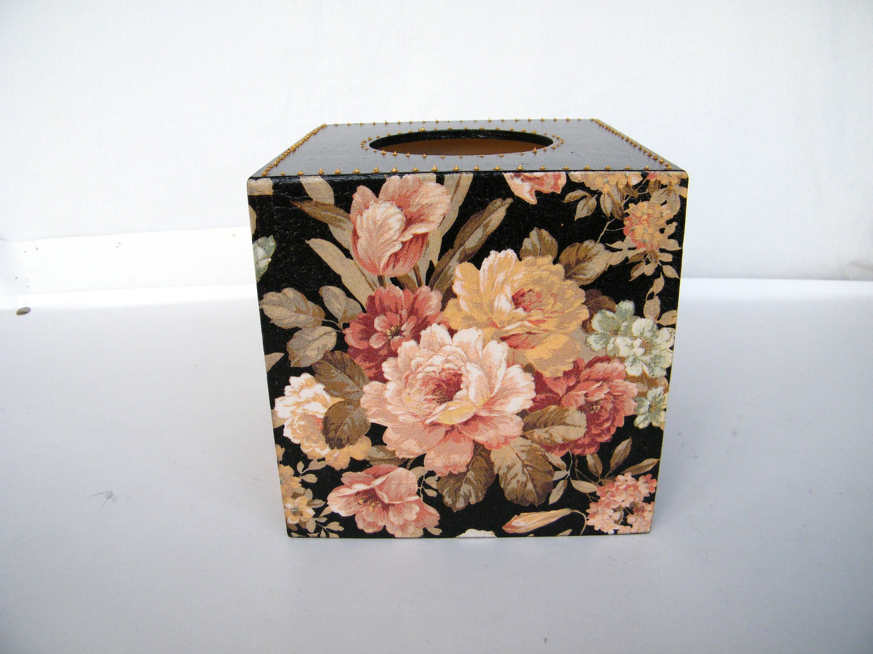 Elegant Tissue Cover Box, Wooden Napkins Box, Floral Storage Box, New Home Gift, Housewarming Gift, Black and Gold Decor, Dispenser
