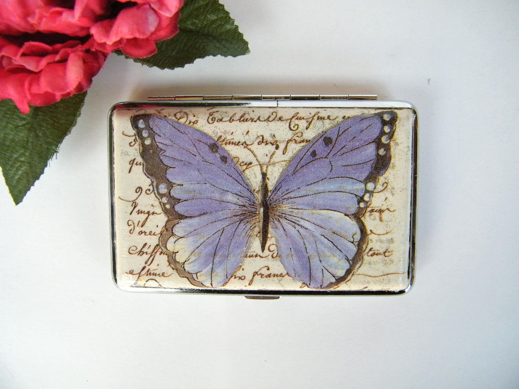 Butterfly slim cigarette case, business card holder, cigarrette holder, credit card box, women wallet, floral gift for her, metal case
