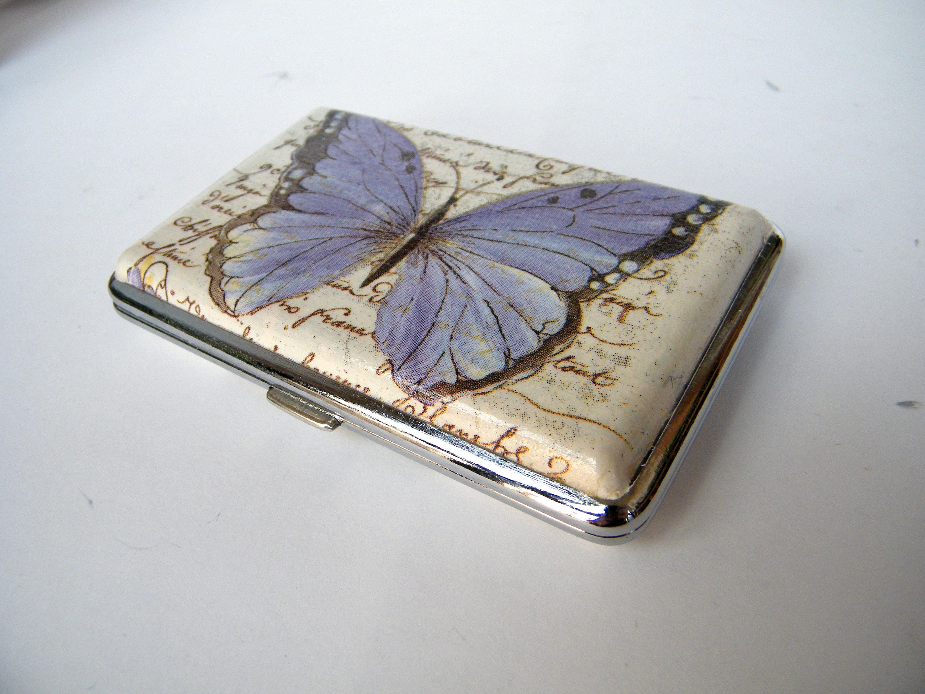 Butterfly slim cigarette case, business card holder, cigarrette holder, credit card box, women wallet, floral gift for her, metal case