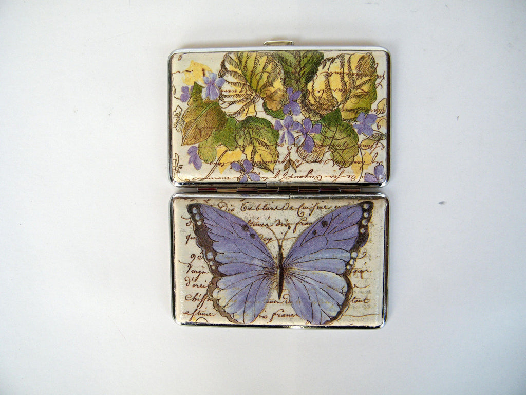 Butterfly slim cigarette case, business card holder, cigarrette holder, credit card box, women wallet, floral gift for her, metal case