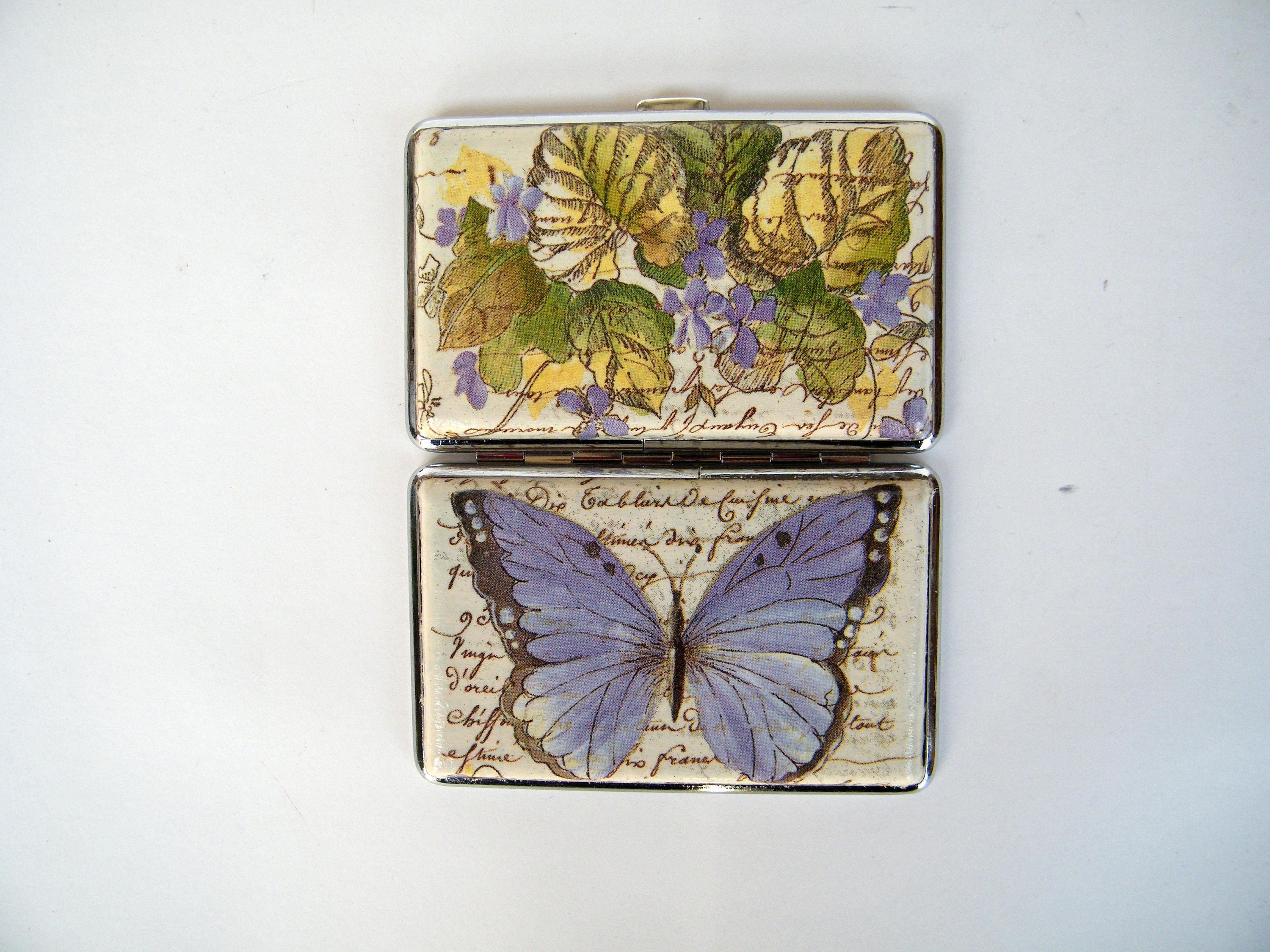 Butterfly slim cigarette case, business card holder, cigarrette holder, credit card box, women wallet, floral gift for her, metal case