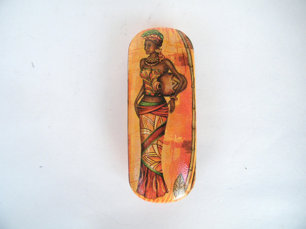 African Hard Eyeglass Case, Spectacle Case, Vintage Storage Box, Glasses Holder with Africana, Metal Handbag Case, Gift for Afroamericana