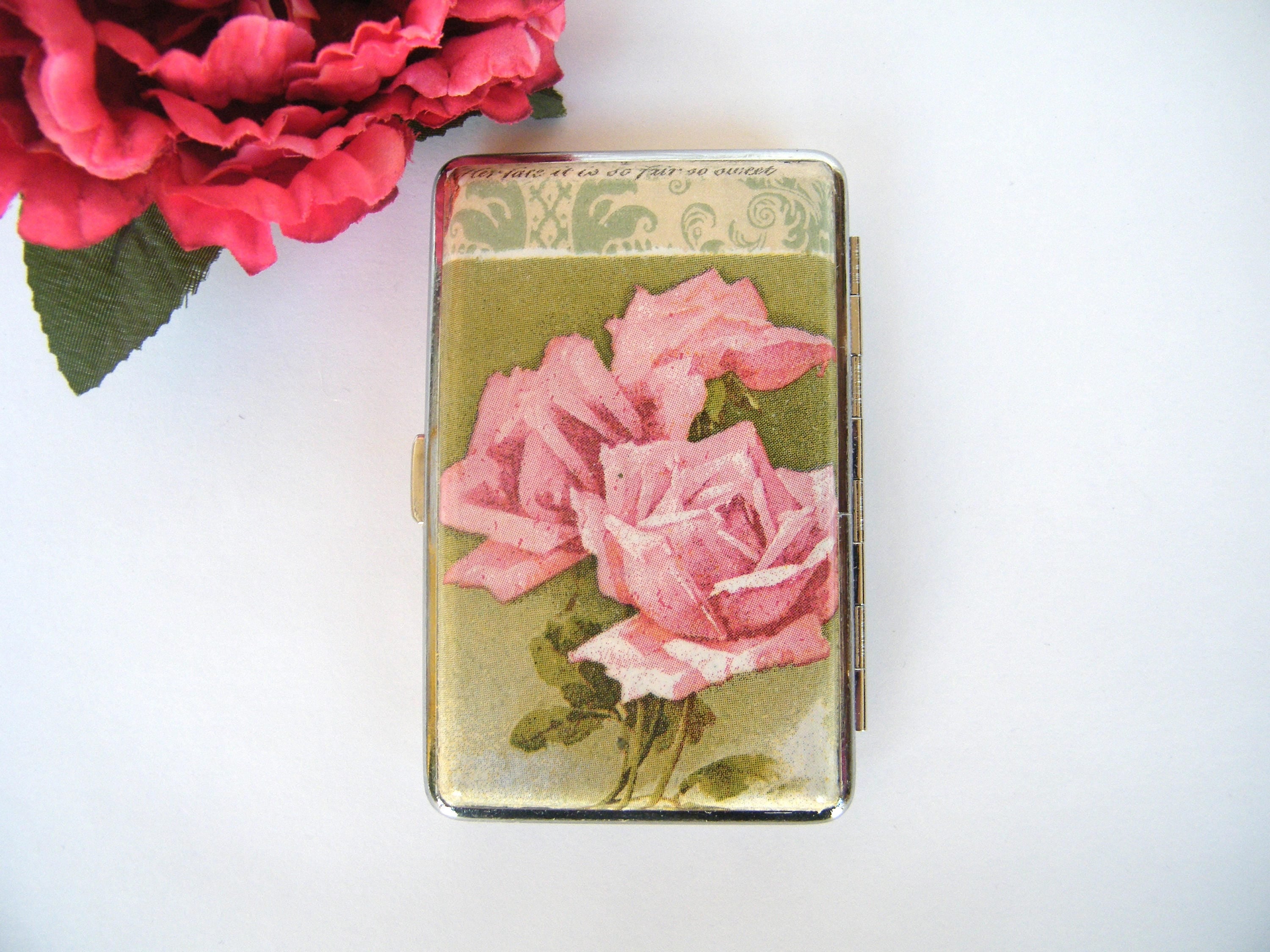 Vintage Roses Slim 100s Cigarrette Case, Business Card Holder, Cigarette Holder, Credit Card Box, Women Purse, Floral Gift for Her,