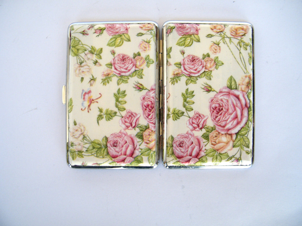 Slim cigarette case with roses, business card holder, cigarrette holder, credit card box, gift for smokers, gift for her, floral gift