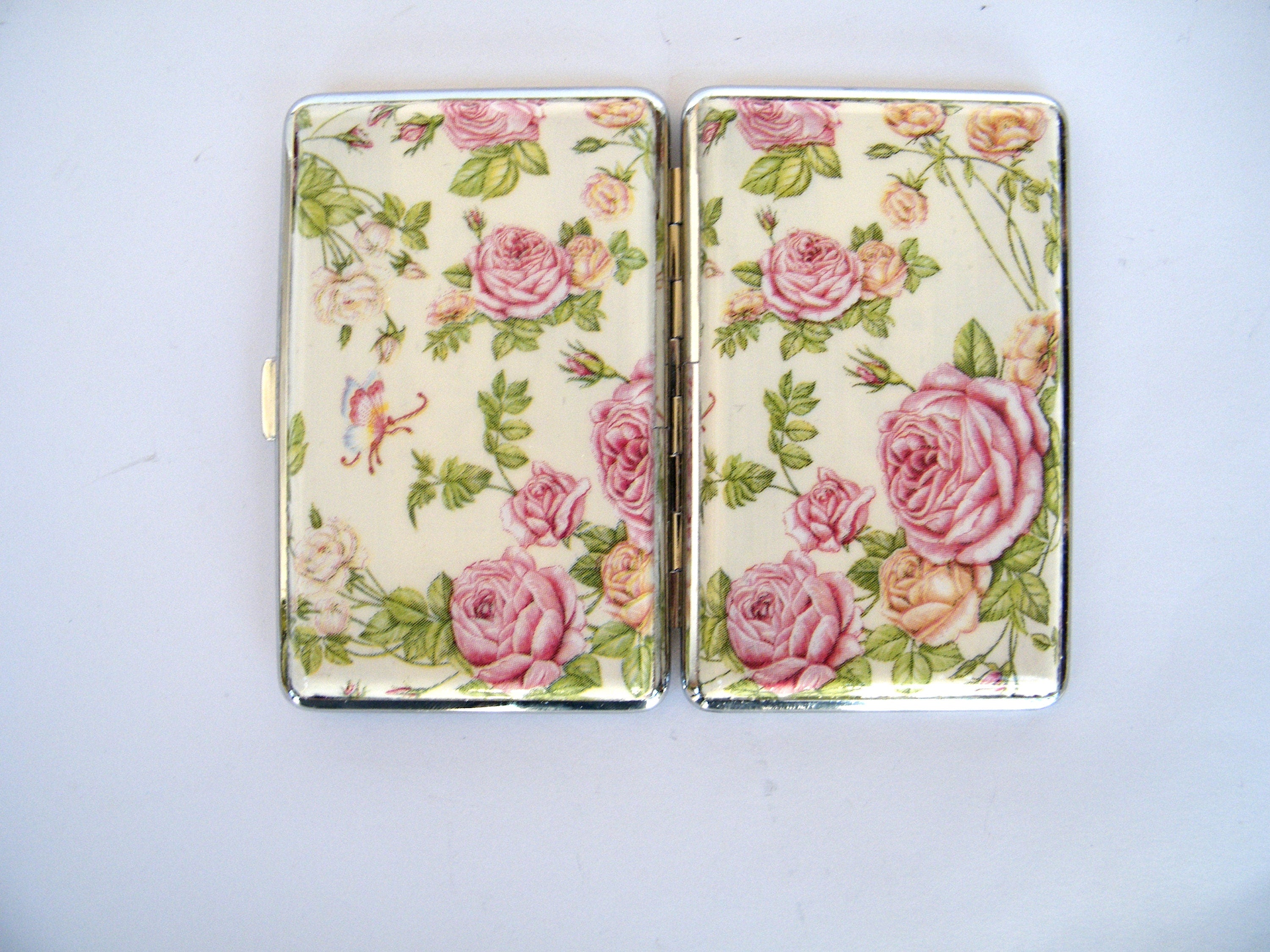 Slim cigarette case with roses, business card holder, cigarrette holder, credit card box, gift for smokers, gift for her, floral gift