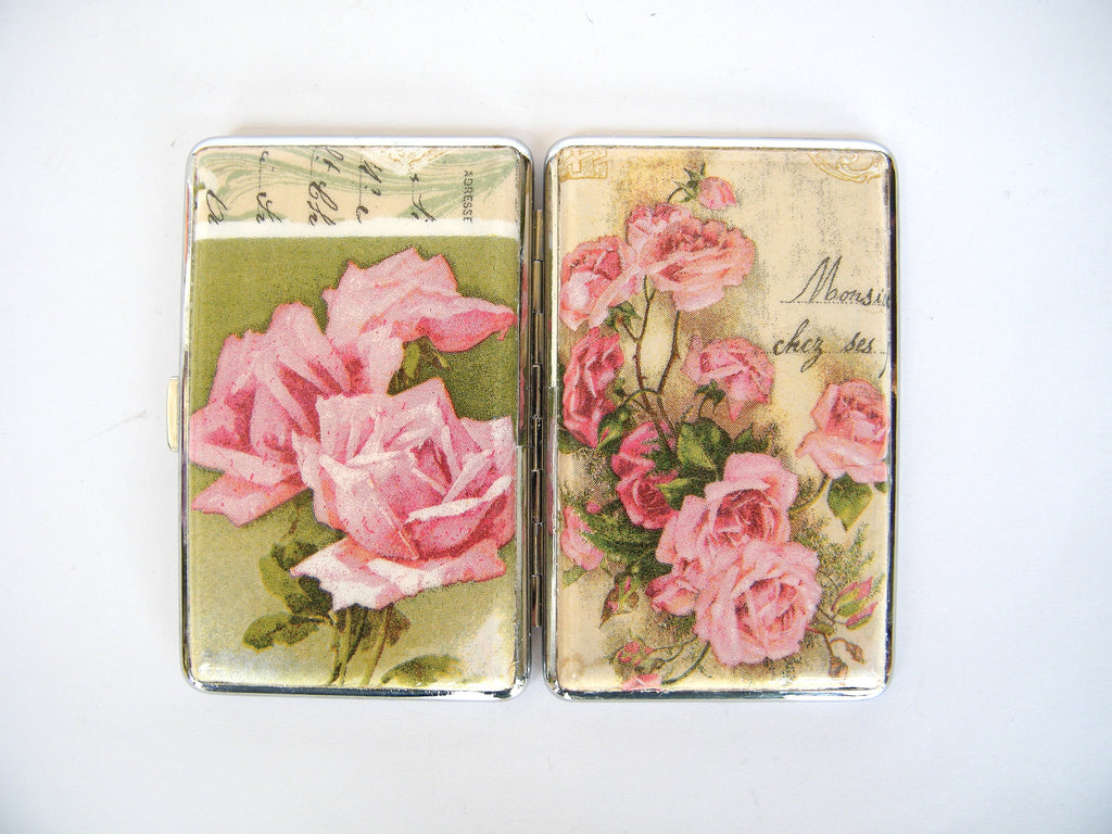 Vintage Roses Slim 100s Cigarrette Case, Business Card Holder, Cigarette Holder, Credit Card Box, Women Purse, Floral Gift for Her,