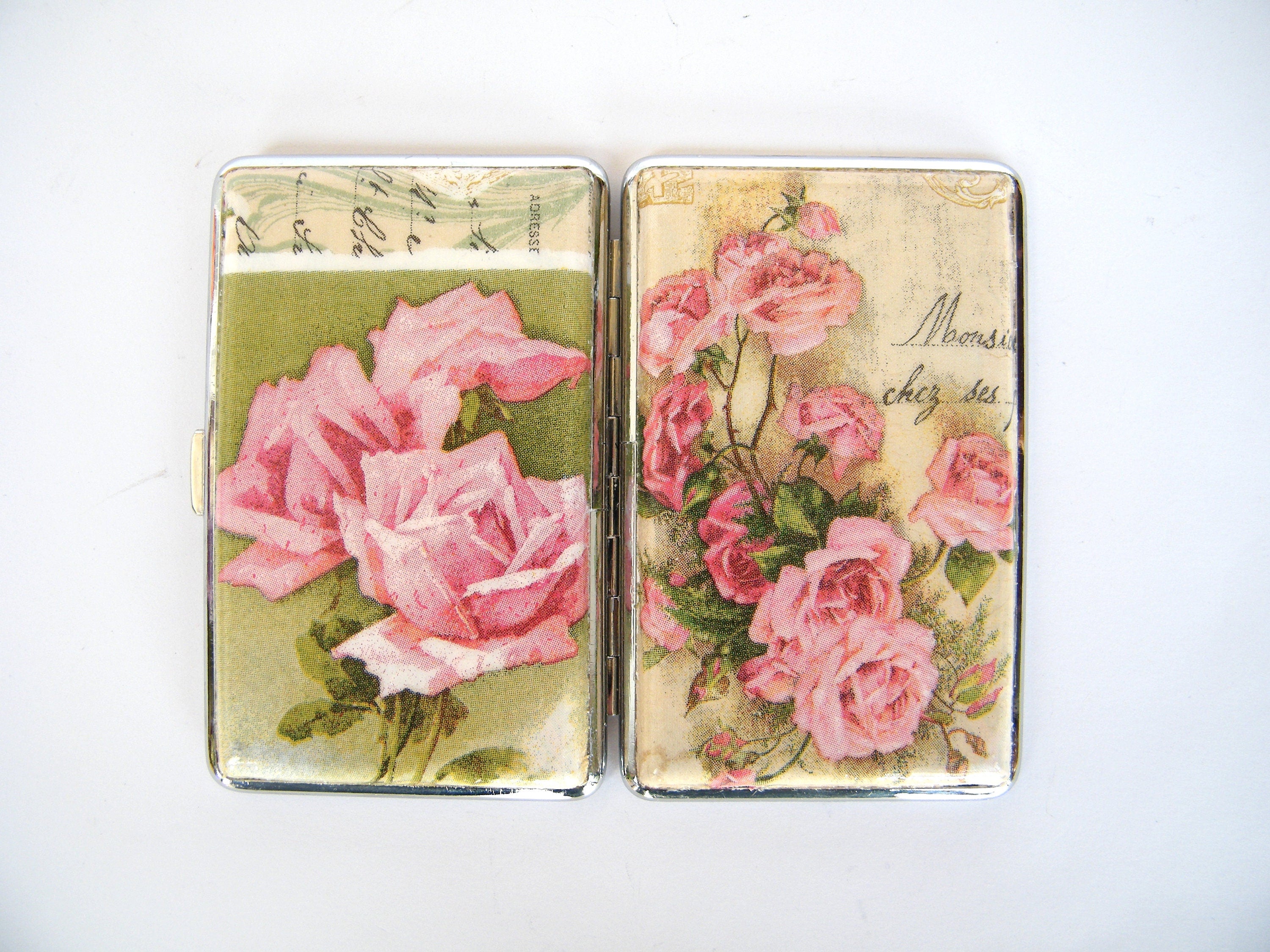 Vintage Roses Slim 100s Cigarrette Case, Business Card Holder, Cigarette Holder, Credit Card Box, Women Purse, Floral Gift for Her,