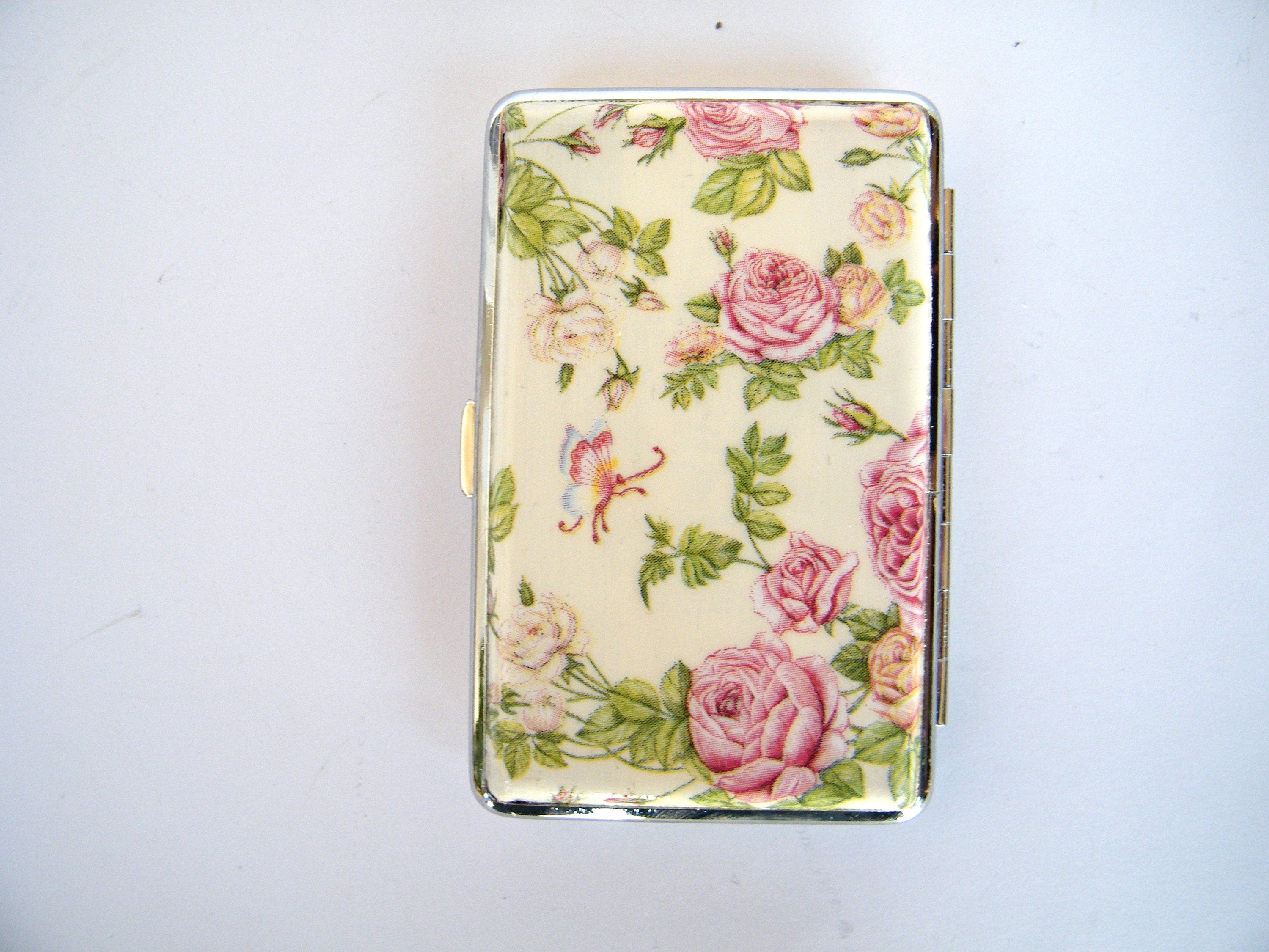 Slim cigarette case with roses, business card holder, cigarrette holder, credit card box, gift for smokers, gift for her, floral gift