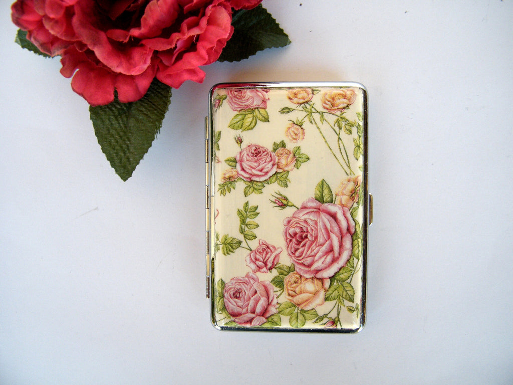 Slim cigarette case with roses, business card holder, cigarrette holder, credit card box, gift for smokers, gift for her, floral gift