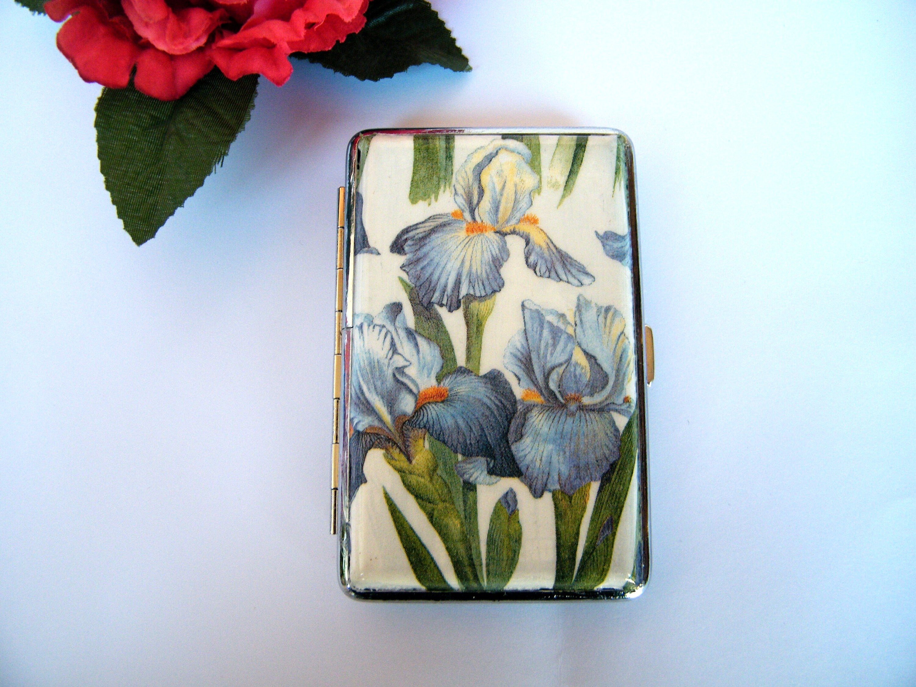 Cigarette case 100's with blue iris, business card holder, cigarrette holder for woman, credit card box, gift for smokers, clutch case