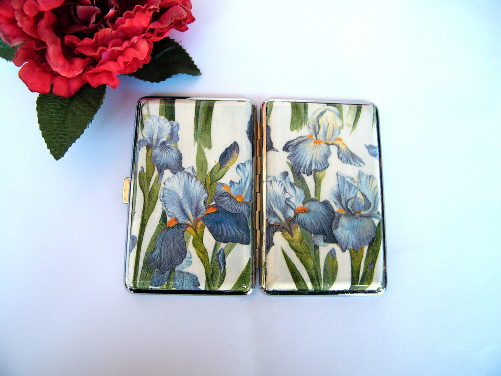 Cigarette case 100's with blue iris, business card holder, cigarrette holder for woman, credit card box, gift for smokers, clutch case