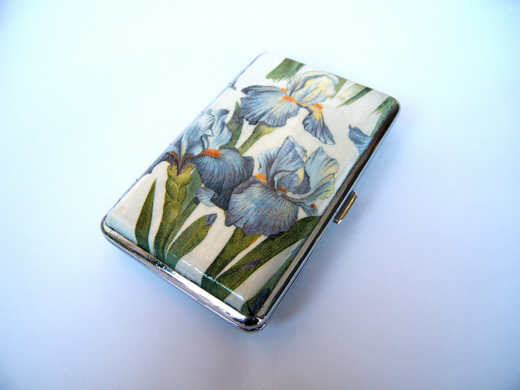 Cigarette case 100's with blue iris, business card holder, cigarrette holder for woman, credit card box, gift for smokers, clutch case
