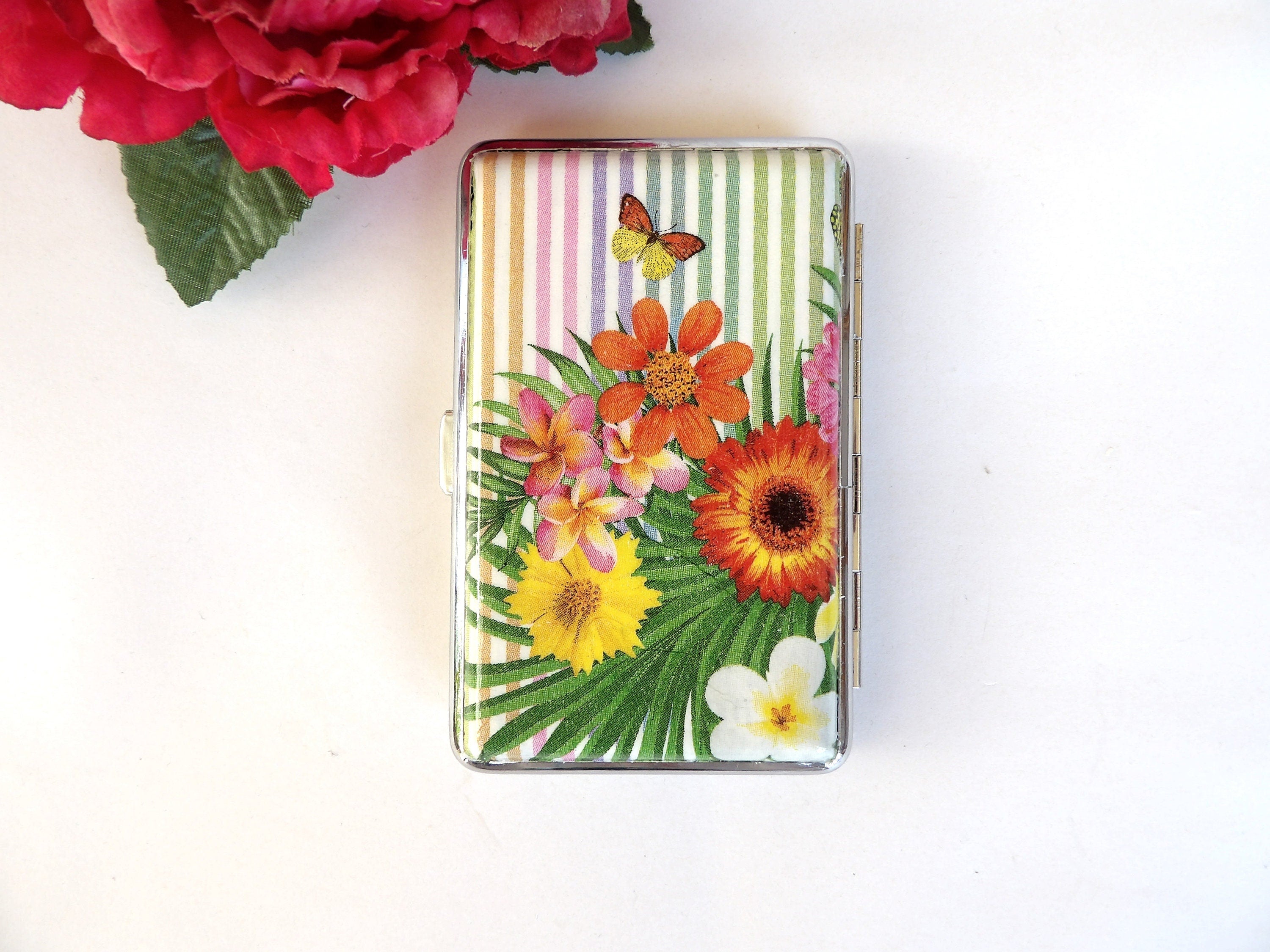 Cigarette case with tropical flowers, business card holder, Slim 100s cigarrette holder, credit card box, women wallet, floral gift for her