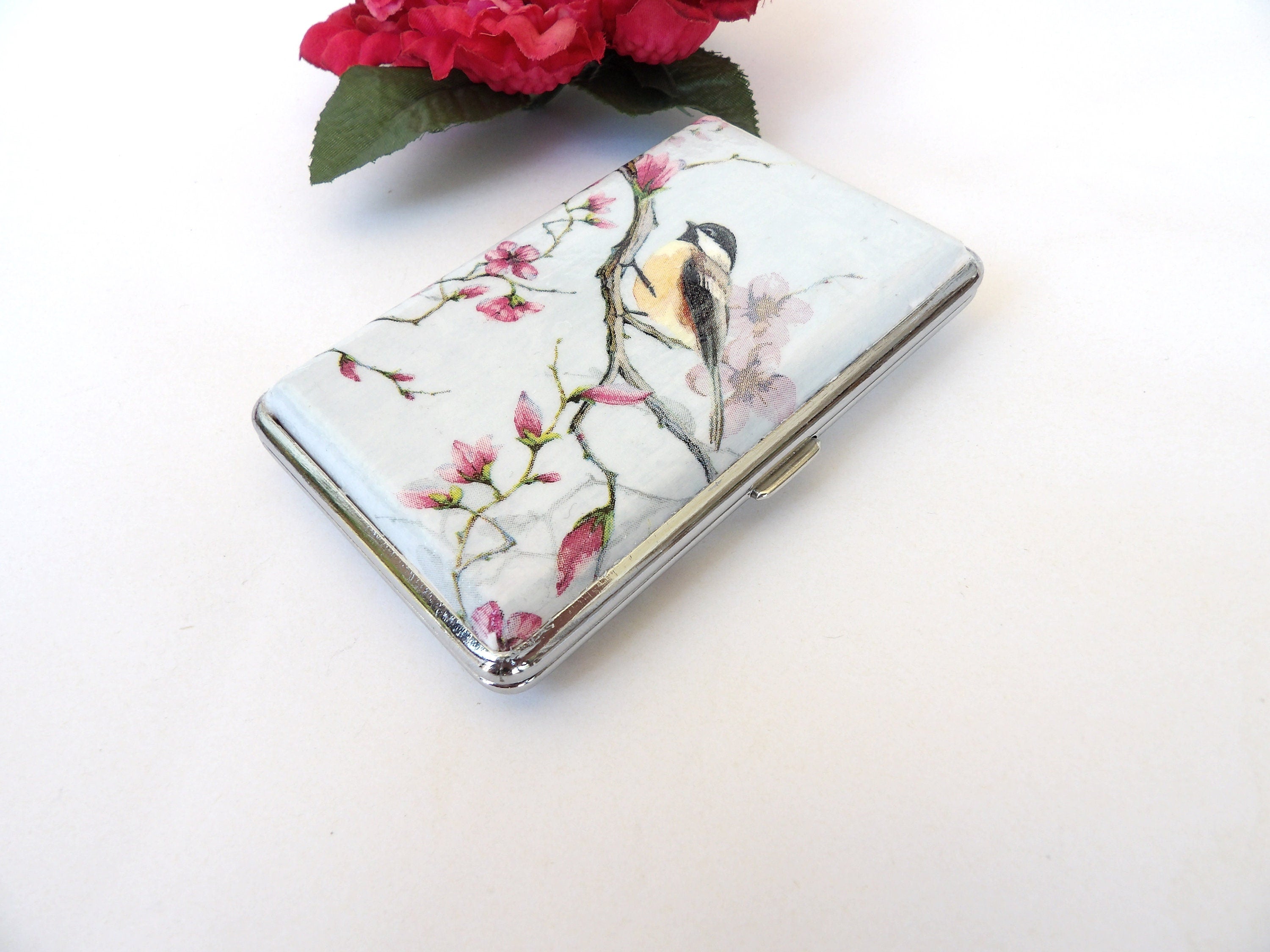 Bird slim cigarette case, blossom business card holder, 100s cigarette holder, credit card box, women wallet, floral gift for her, tabaquera