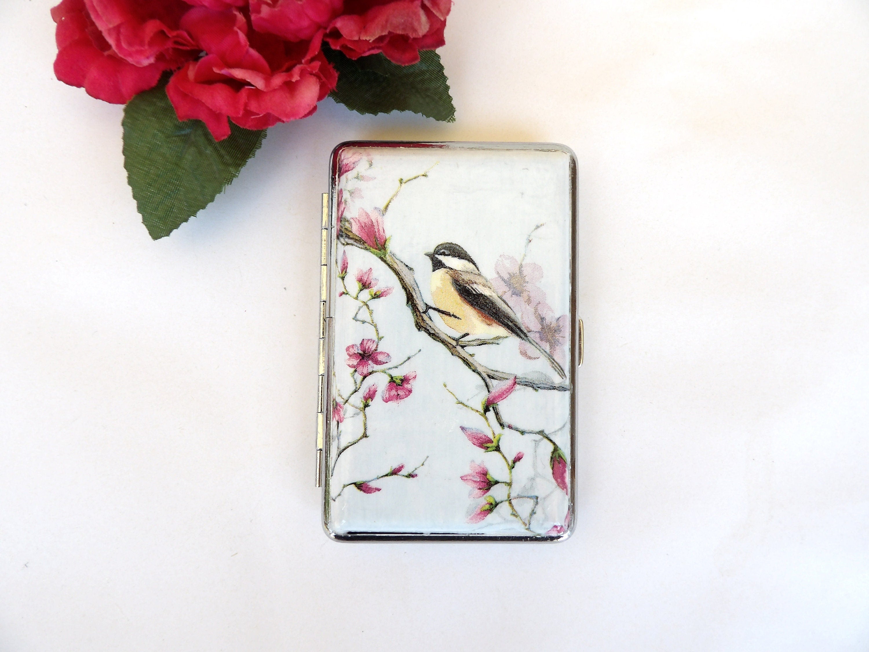 Bird slim cigarette case, blossom business card holder, 100s cigarette holder, credit card box, women wallet, floral gift for her, tabaquera