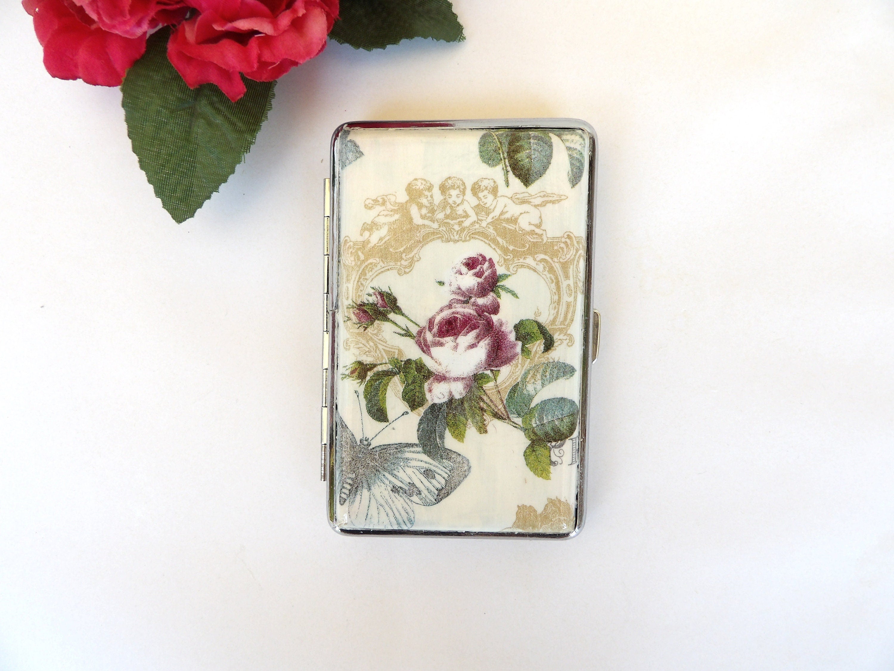 Rose slim cigarette case, business card holder, cigarrette holder, credit card box, women wallet, floral gift for her, vintage angels case