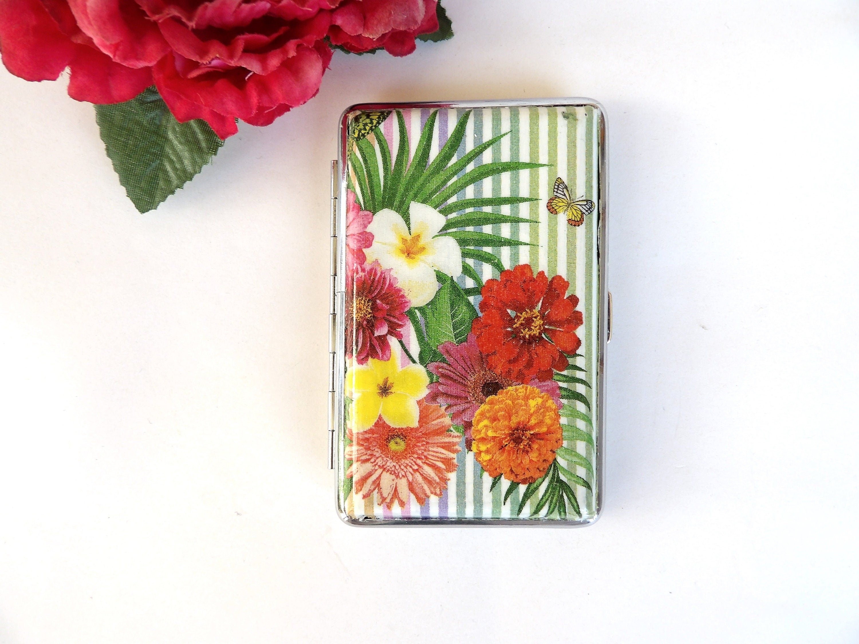Cigarette case with tropical flowers, business card holder, Slim 100s cigarrette holder, credit card box, women wallet, floral gift for her