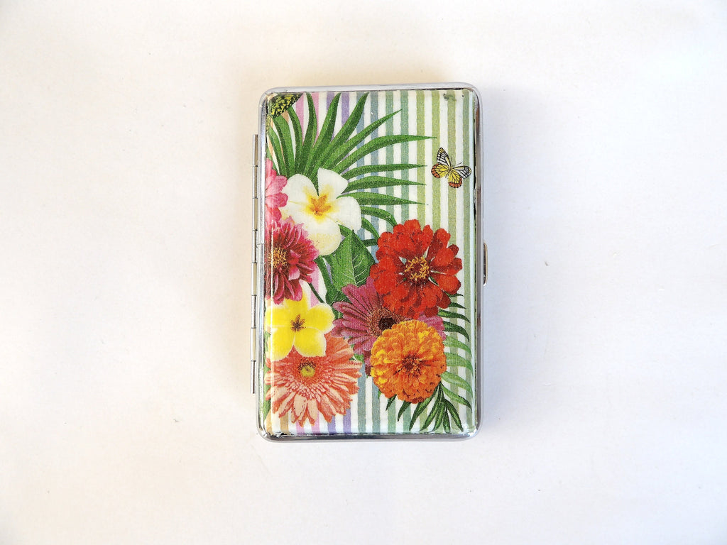 Cigarette case with tropical flowers, business card holder, Slim 100s cigarrette holder, credit card box, women wallet, floral gift for her