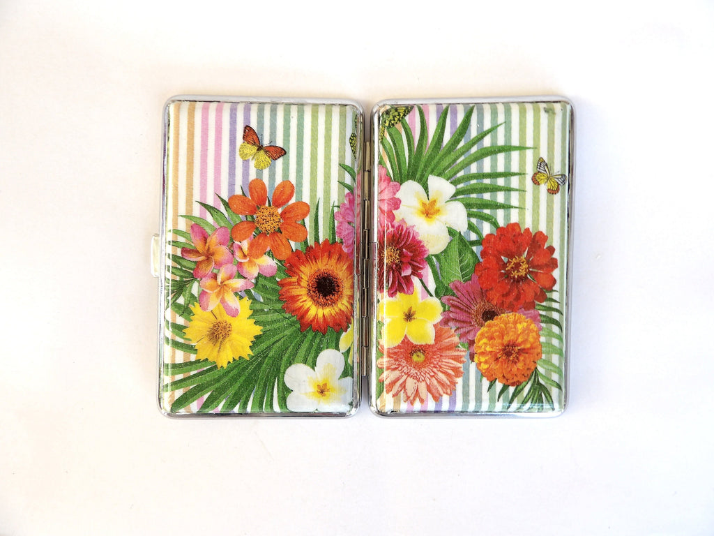 Cigarette case with tropical flowers, business card holder, Slim 100s cigarrette holder, credit card box, women wallet, floral gift for her