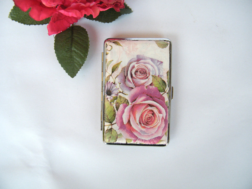 Roses Slim 100s Cigarette Case, Business Card Holder, Cigarette Holder, Credit Card Box, Women Wallet, Floral Gift for Her, Case for Clutch