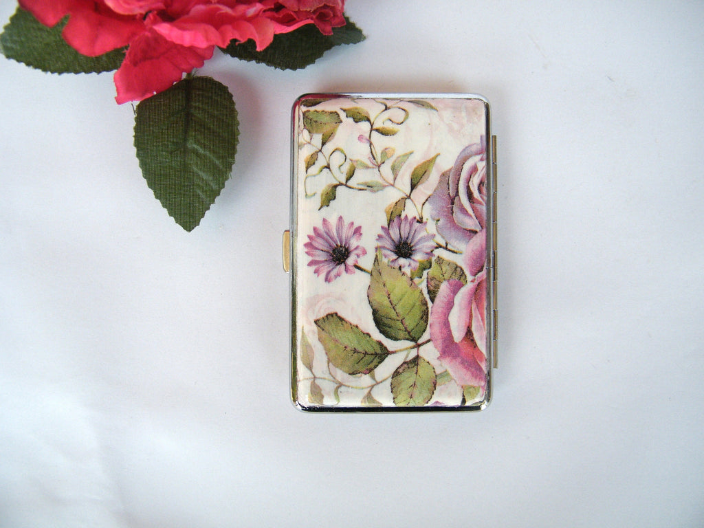 Roses Slim 100s Cigarette Case, Business Card Holder, Cigarette Holder, Credit Card Box, Women Wallet, Floral Gift for Her, Case for Clutch