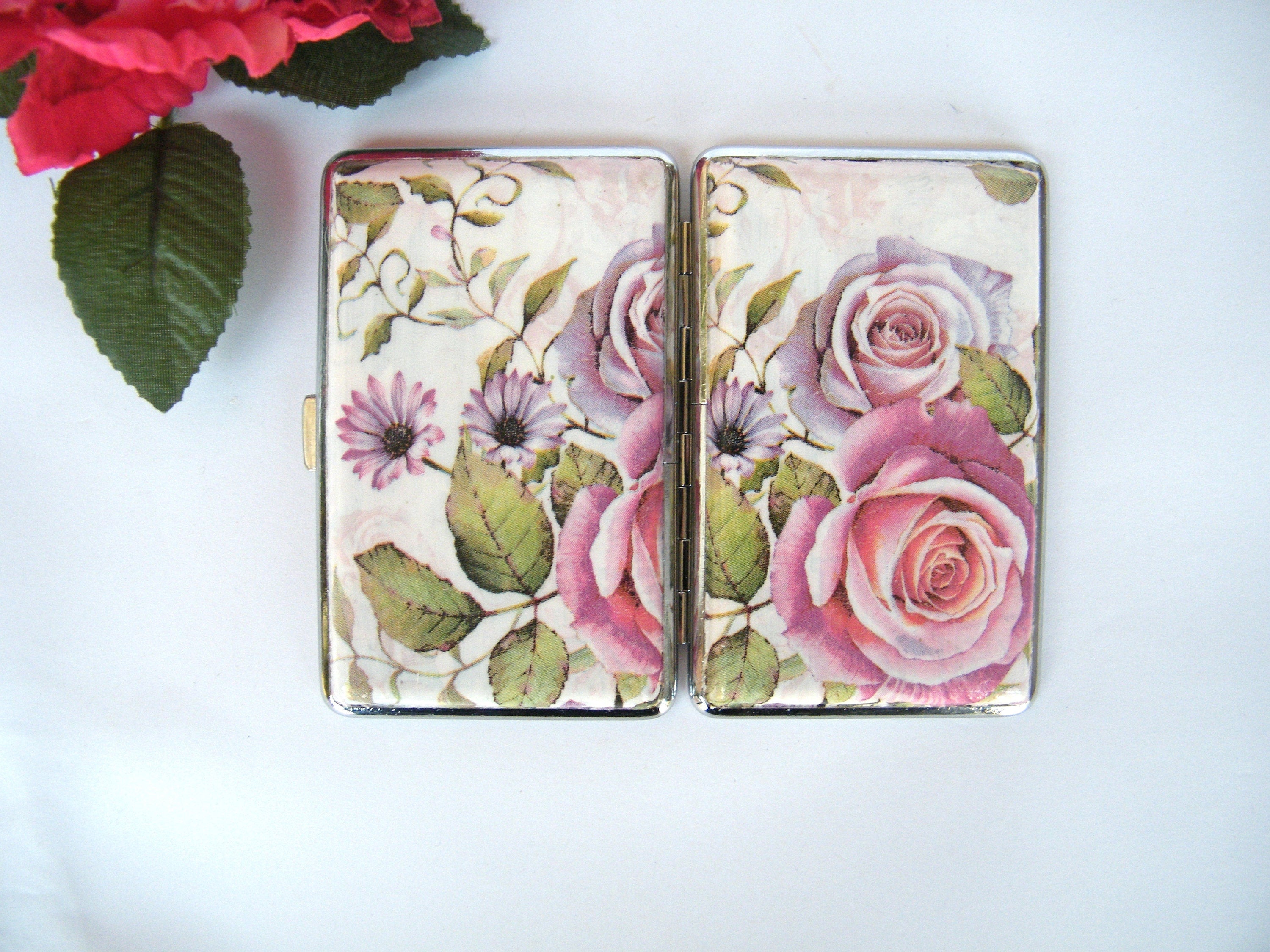 Roses Slim 100s Cigarette Case, Business Card Holder, Cigarette Holder, Credit Card Box, Women Wallet, Floral Gift for Her, Case for Clutch