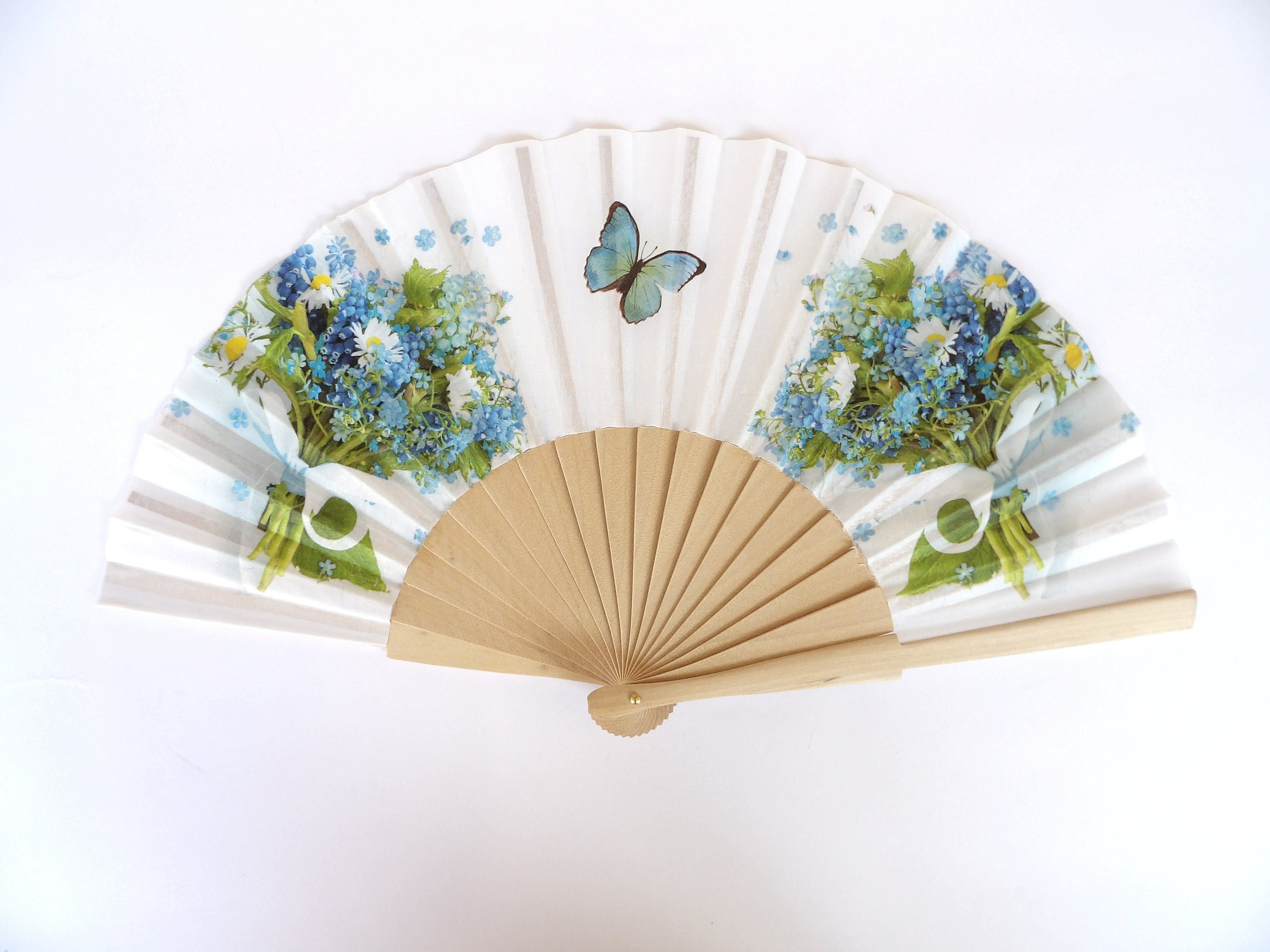 Blue wild Flowers Holding Hand Fan, Spanish Hand Fan, Contemporary Hand Fan, Summer Accessory, Wedding Favor, Evening Dress Accessory