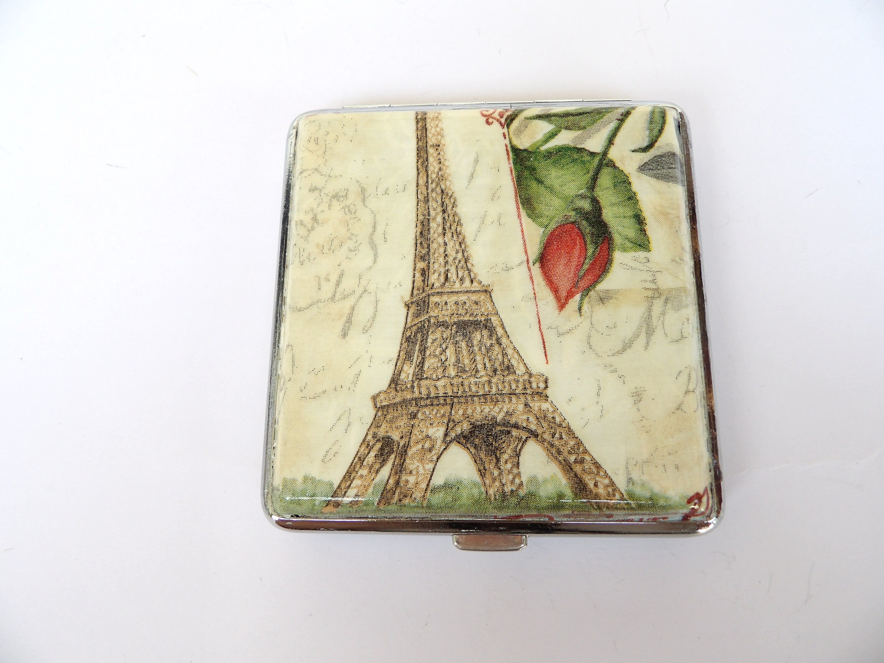 Women Cigarette case, vintage cigarrette box, floral metal case, Paris purse or wallet, Eiffel tower decor, credit card holder, gift for her