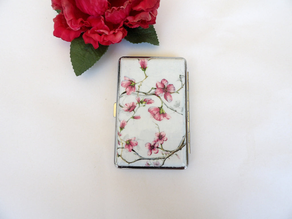 Bird slim cigarette case, blossom business card holder, 100s cigarette holder, credit card box, women wallet, floral gift for her, tabaquera