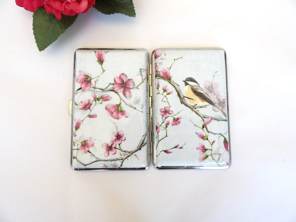 Bird slim cigarette case, blossom business card holder, 100s cigarette holder, credit card box, women wallet, floral gift for her, tabaquera