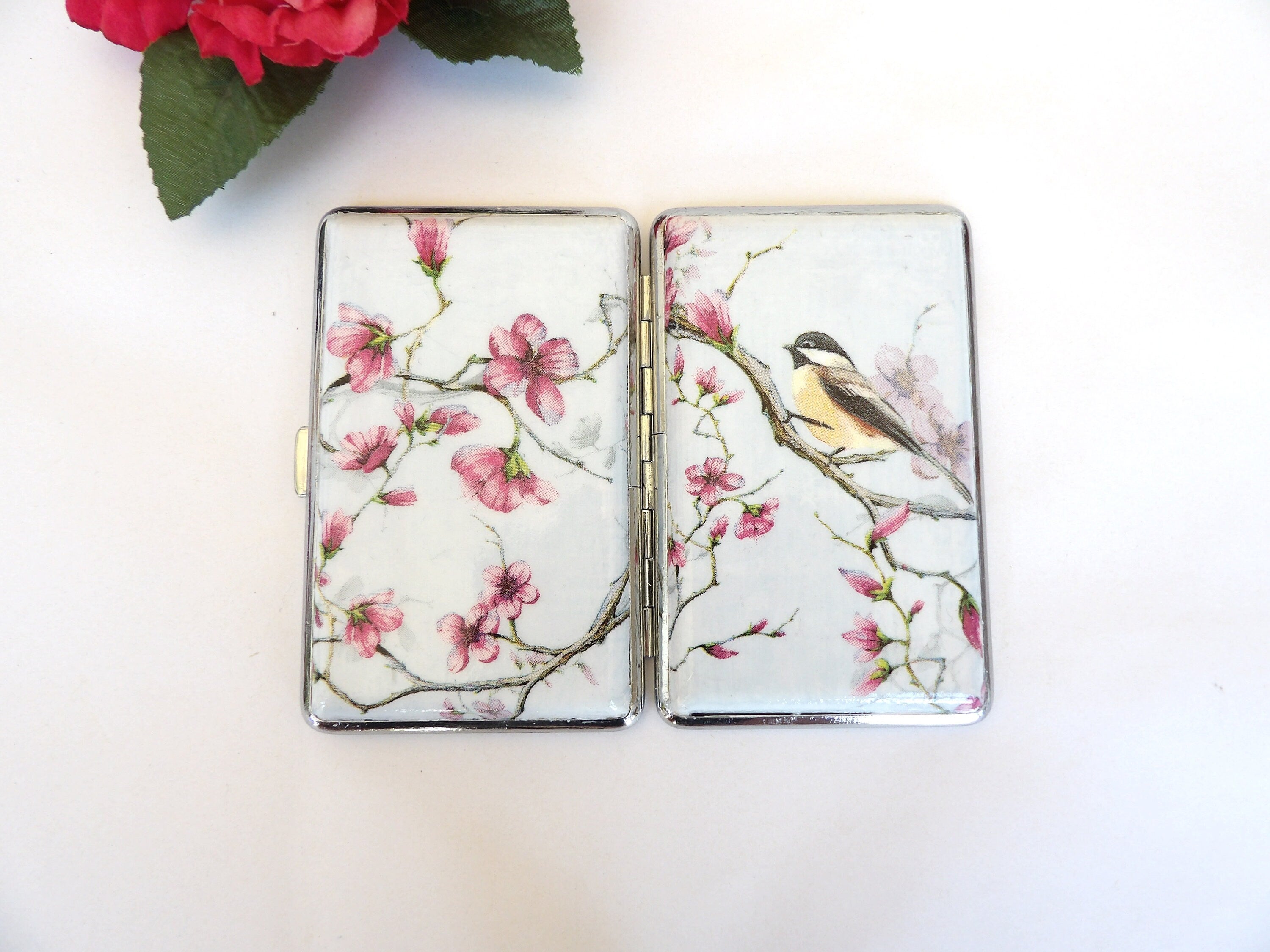 Bird slim cigarette case, blossom business card holder, 100s cigarette holder, credit card box, women wallet, floral gift for her, tabaquera