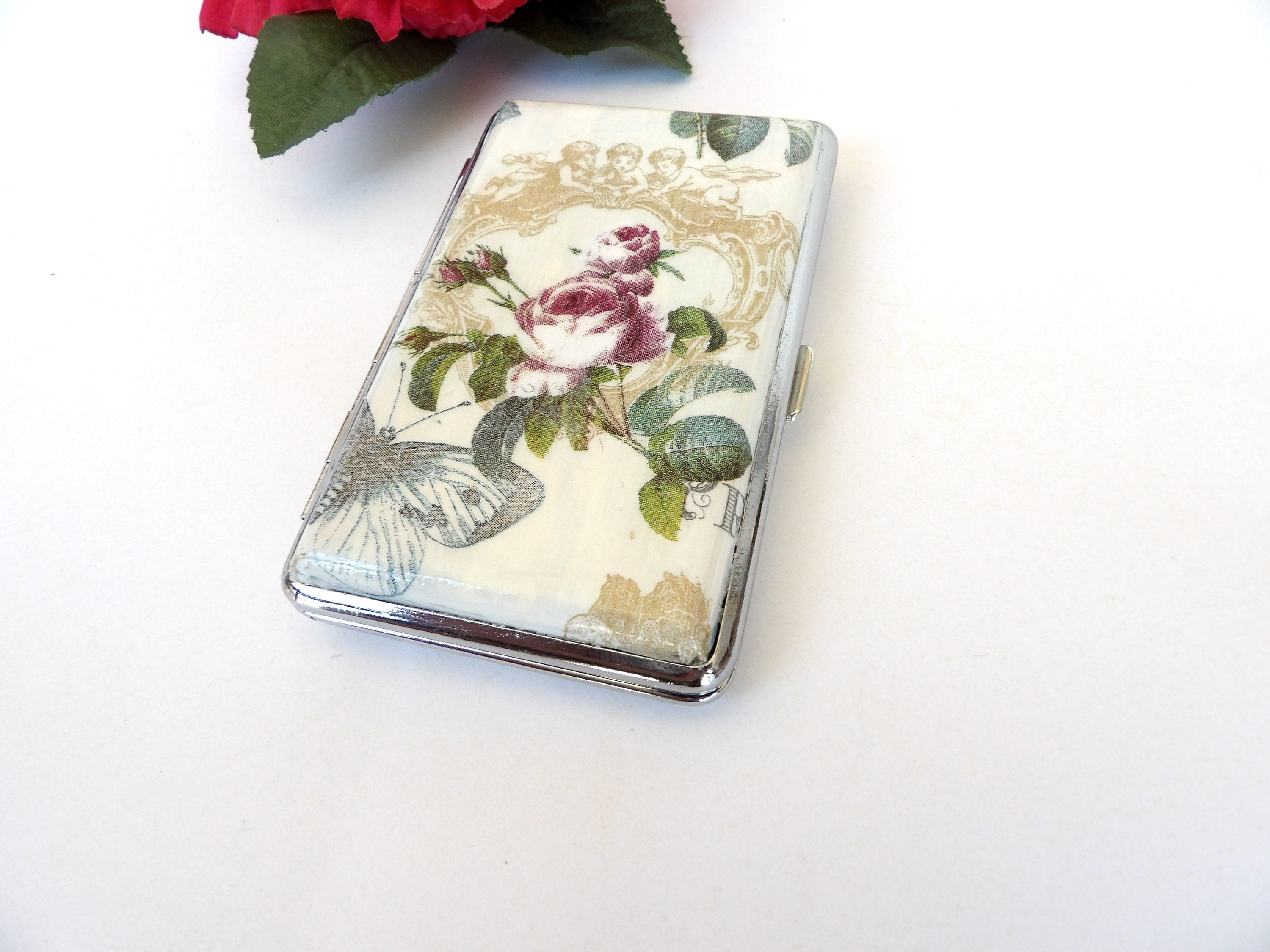 Rose slim cigarette case, business card holder, cigarrette holder, credit card box, women wallet, floral gift for her, vintage angels case
