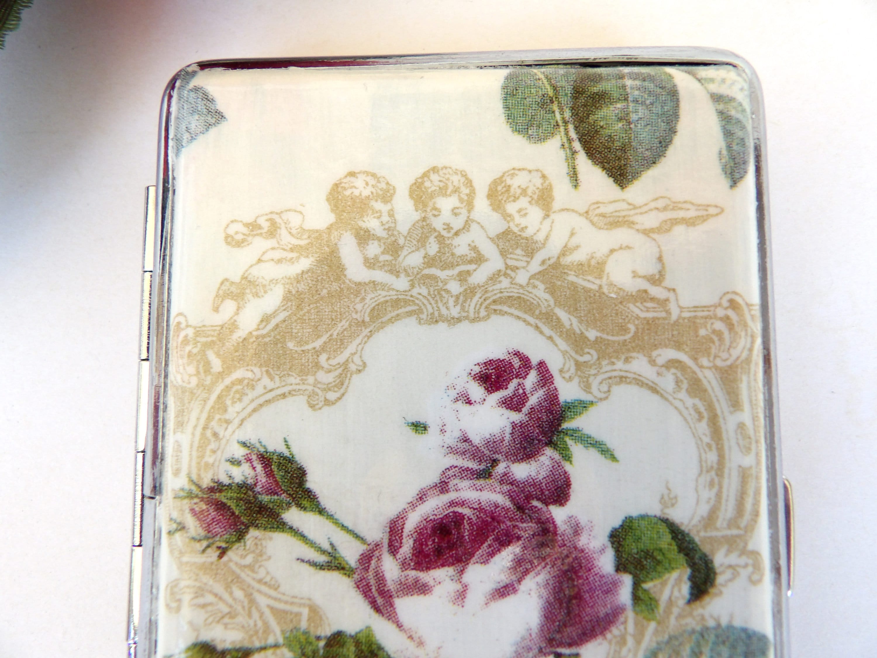 Rose slim cigarette case, business card holder, cigarrette holder, credit card box, women wallet, floral gift for her, vintage angels case
