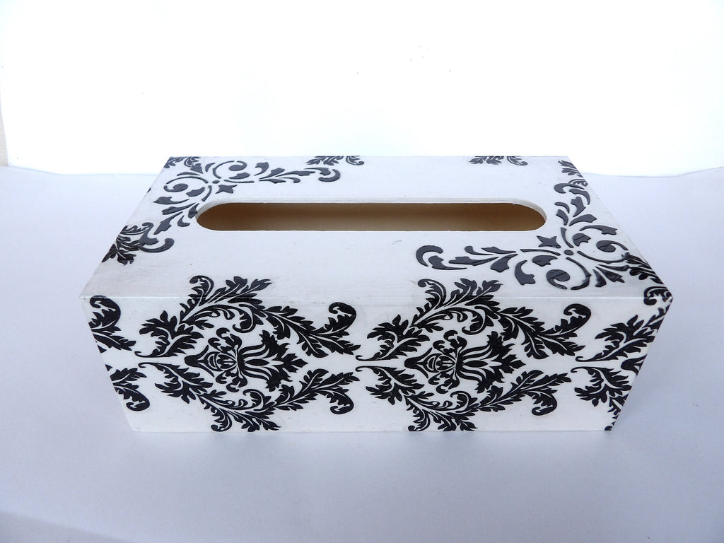 Wooden Tissue Box Cover: Black and White Damask