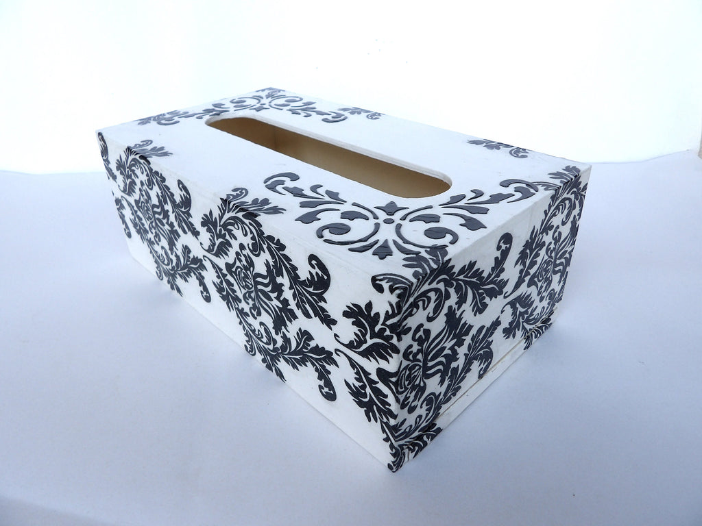 Wooden Tissue Box Cover: Black and White Damask