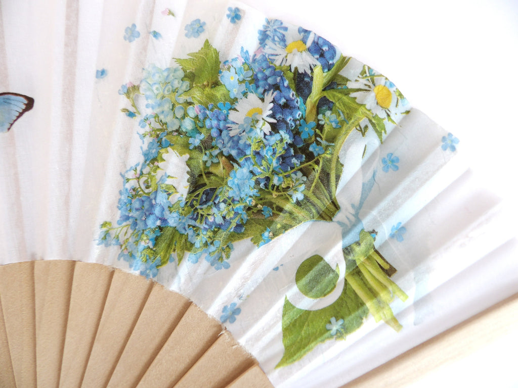 Blue wild Flowers Holding Hand Fan, Spanish Hand Fan, Contemporary Hand Fan, Summer Accessory, Wedding Favor, Evening Dress Accessory