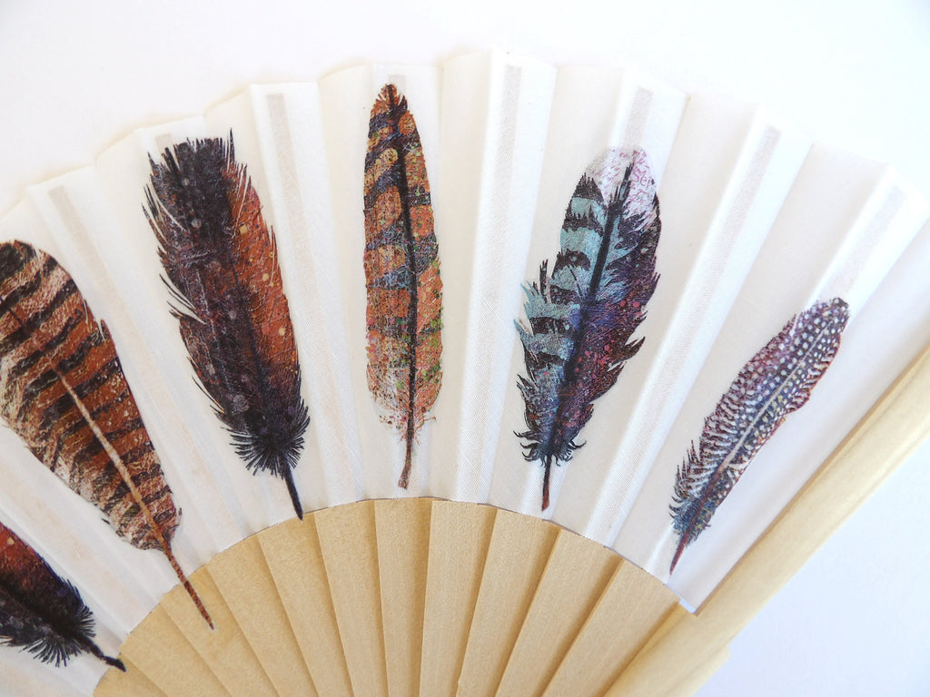Feathers Hand fan, BIrds Holding Fan, Handheld Fan, Japanese hand fan, Party Summer Accessory, Wedding Favor, Contemporary Fan