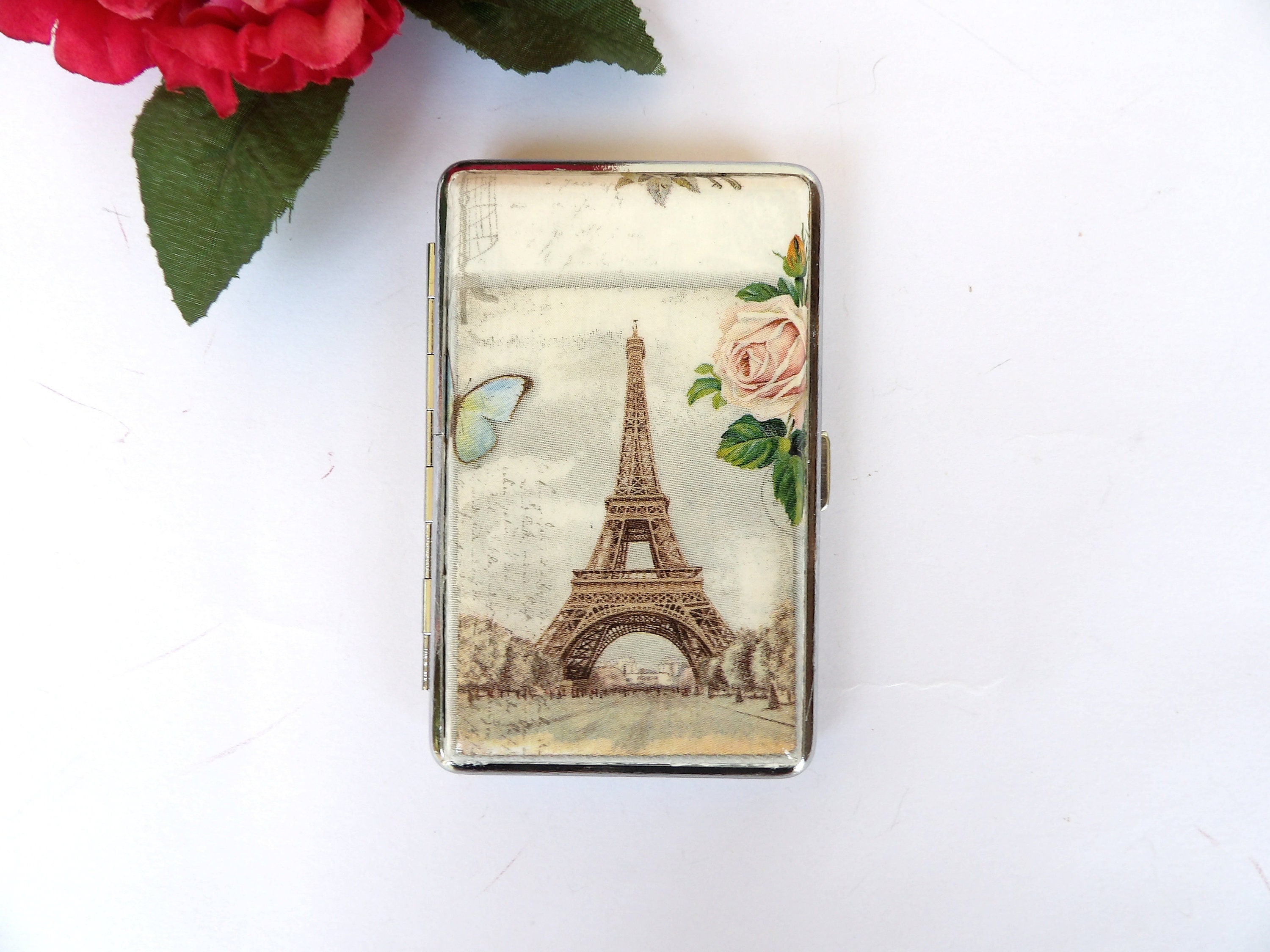 Slim 100's Cigarrette Case, Business Card Case, Gift For Smokers, Elegant Gift for Her, OOAK Credit Card Case, Eiffel Tower Accessory