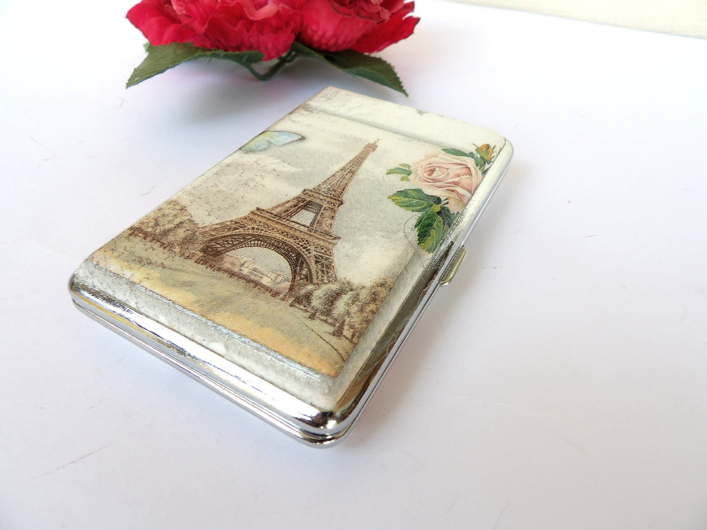 Slim 100's Cigarrette Case, Business Card Case, Gift For Smokers, Elegant Gift for Her, OOAK Credit Card Case, Eiffel Tower Accessory